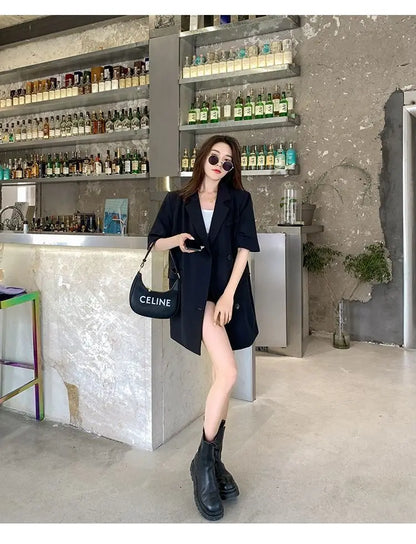Korean Fashion Loose Thin Blazer Women Spring Autumn New Extra Large Mid Length Short Sleeved Women Coat Casual Outwear