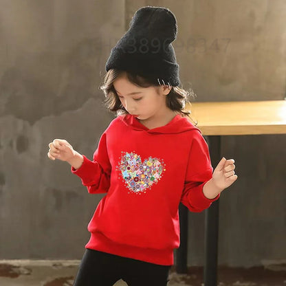 Heart-Shaped Children's Hoodies Suit Top+Bottom Girls Pink Boy Black Age 3-12 Coat Casual Toddler Long Sleeves Autumn Clothing