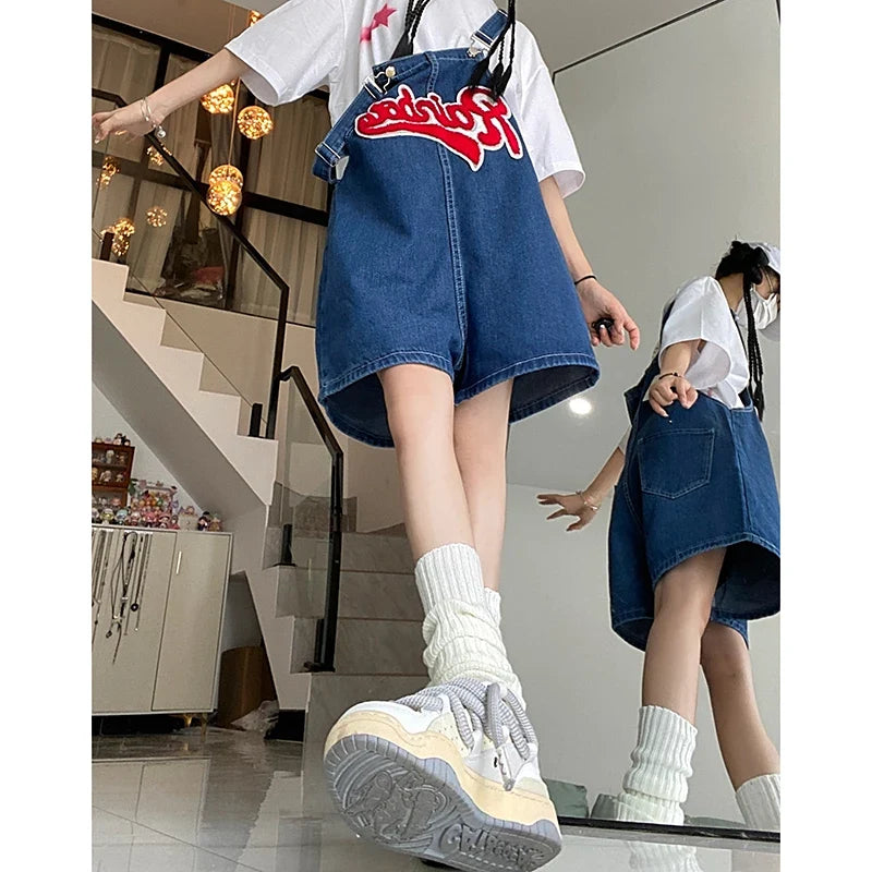 Women Streetwear Kawaii Denim Shorts Overalls Lady Fashion Embroidery Oversize Wide Leg Jeans Female Y2k Clothes Deep Blue Pants