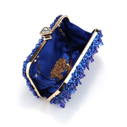 Glitter Party Dinner Evening Bags Purple Color Tassel Acrylic Clutch Bags Flap Fashion Metal Chain Diamonds Handbags Beading