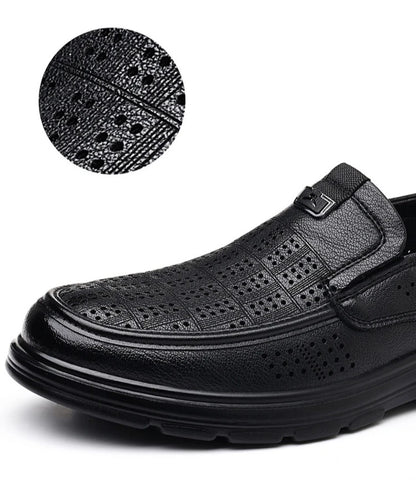 Men's Summer Breathable Leather Loafers Brown Hollow Out Slip-On Shoes Male Thick Sole Comfortable Non-slip Work Shoes for Man
