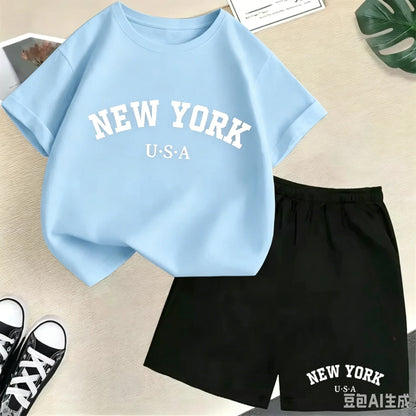 2026 New Kids Boys Girls New York Letter Pattern Cotton T-shirt+Shorts 2-Piece Set Casual Daily