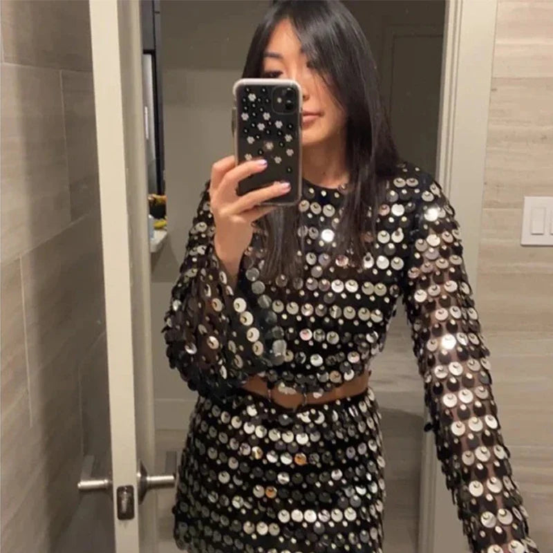 Shiny Sequins Dresses Women Sexy Flare Sleeve Slim Fit Hollow Out Mini Dress Elegant Sparkling Club Party Outfits Female