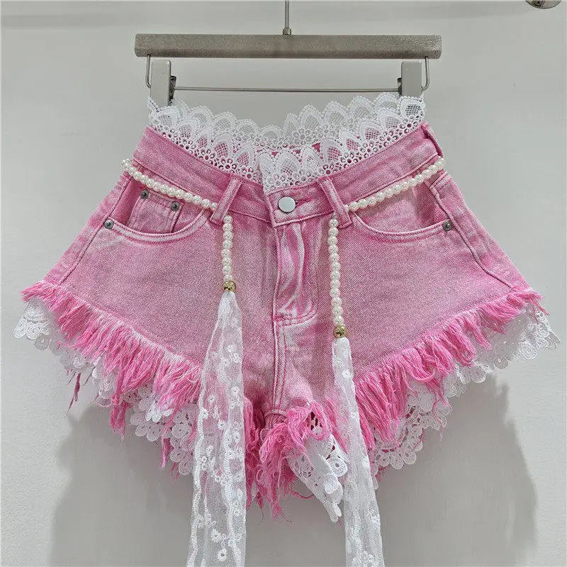 American Crochet Lace Denim Shorts With Pearl Sashes Summer Casual Fashion Women's Sweet Lace Patchwork Fringed Hot Jeans