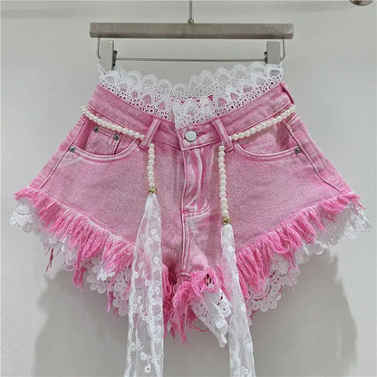 American Crochet Lace Denim Shorts With Pearl Sashes Summer Casual Fashion Women's Sweet Lace Patchwork Fringed Hot Jeans