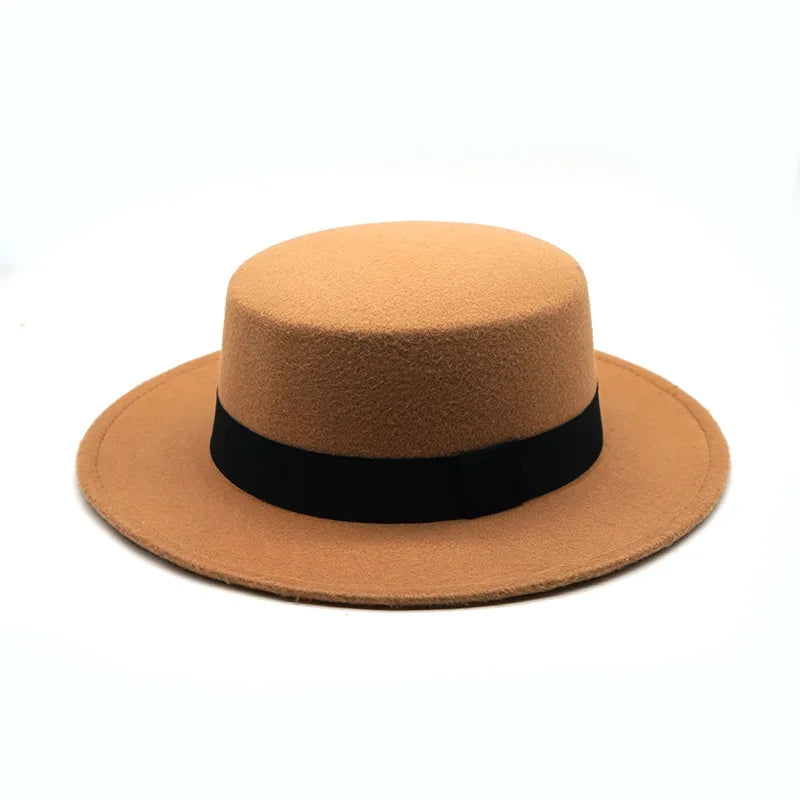 Black Ribbon Flat Top Hat British Retro Style Unisex Wool Fedora Winter Warm Hat