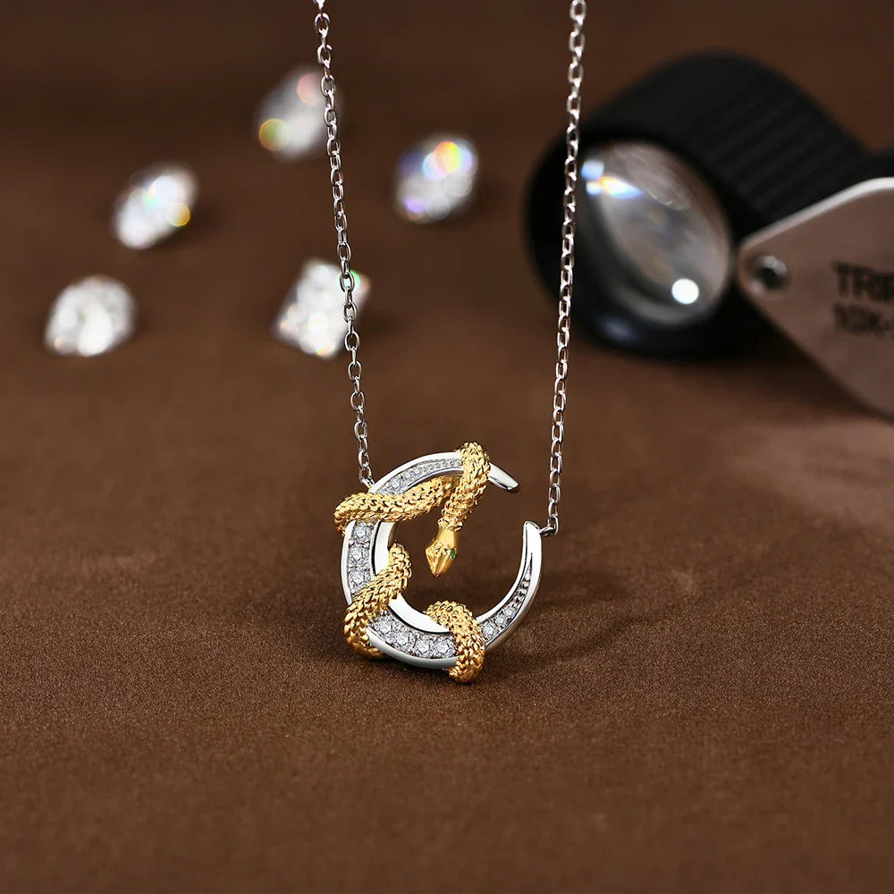 Luxury Moissanite Necklace With Moon Snake for Women S925 Sterling Silver lucky Birthday Party Engagement Jewelry Gift