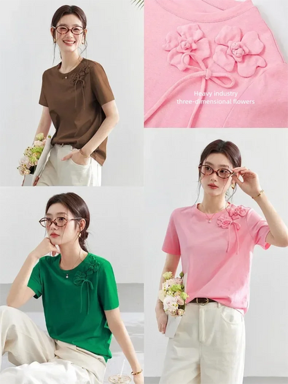 100% Cotton Summer T-Shirt Women 2026 Pink Tees Fashion Heavy 3D Floral Casual Crew Neck Short Sleeve Top A6182