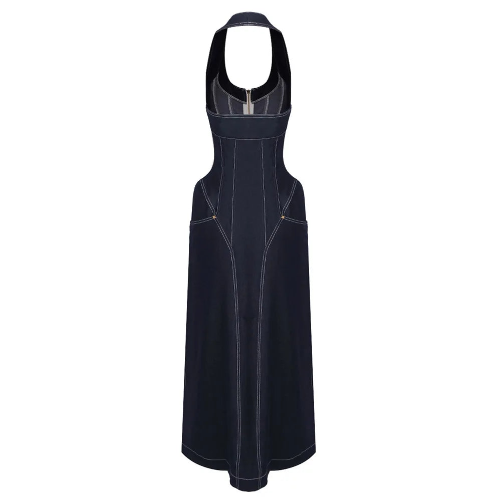 2025 New Women Celebrity Sexy Backless Halter Blue Zipper Denim Maxi Long Gowns Dress Elegant Evening Party Club Vestido