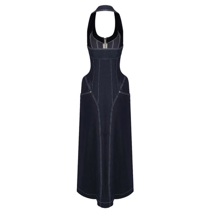 2025 New Women Celebrity Sexy Backless Halter Blue Zipper Denim Maxi Long Gowns Dress Elegant Evening Party Club Vestido