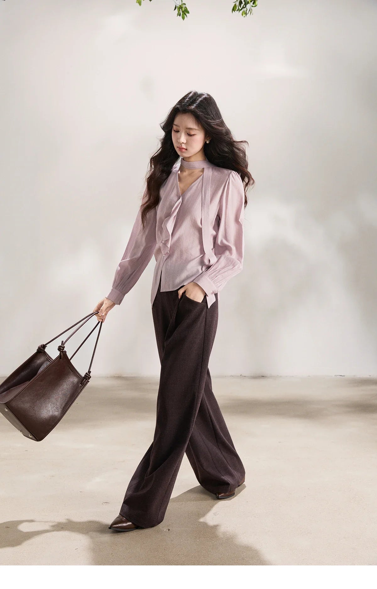 Women's Purple Sweet Shirts 2026 Spring Ribbon V-Neck Ruffled Asymmetrical Shirt Back Lace-up Waist Casual Top MXF13X2527