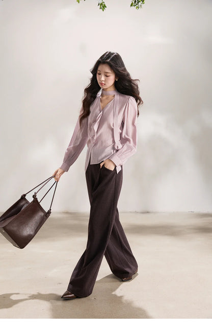 Women's Purple Sweet Shirts 2026 Spring Ribbon V-Neck Ruffled Asymmetrical Shirt Back Lace-up Waist Casual Top MXF13X2527
