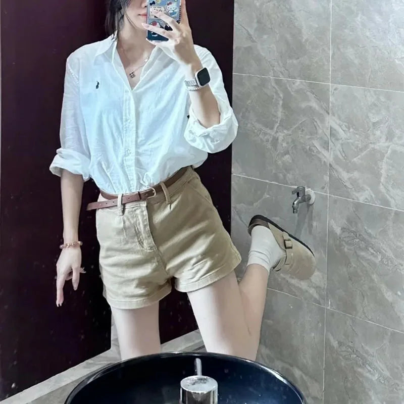 Khaki Casual Shorts for Women Summer All-Match Stretch Denim Straight Shorts Ladies Korean Simple with Belt Hot Short Pants