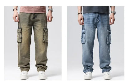 New Men's Fashion Multiple Pockets Loose Jeans Casual Denim Straight Pants Male Hip Hop Wide Leg Cargo Trousers Streetwear