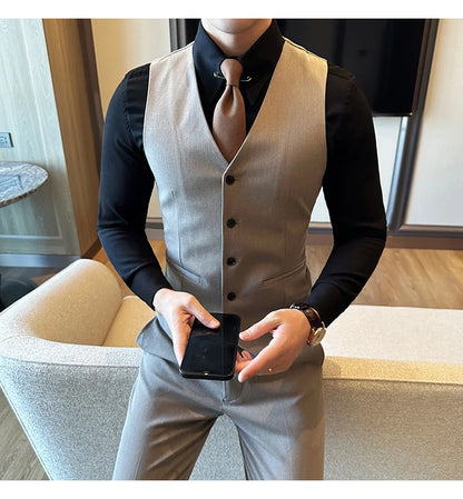 ( Vest + Pants) Men Luxury High Quality Business Suit Vest 2 pieces Formal Groom Wedding Dress Vest Set Fashion Club Clothing