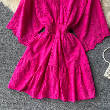 White/Purple/Blue V Neck Summer New Lace Embroidery Dress Women Short Sleeves Dresses Female Vintage Party Beach Midi Dresses