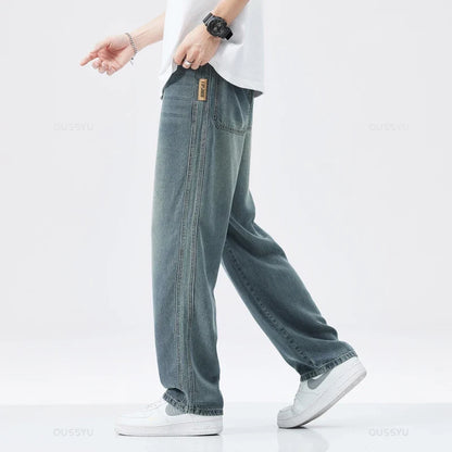 Spring Autumn High Quality Soft Lyocell Fabric Jeans Men Loose Wide Leg Pants Elastic Waist Casual Trousers Plus Size 28-40