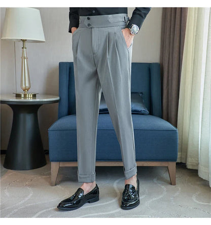 British Style Autumn New High Waist Trousers Men Belt Design Slim Fit Suit Pants Office Social Wedding Party Formal Pants Hommes