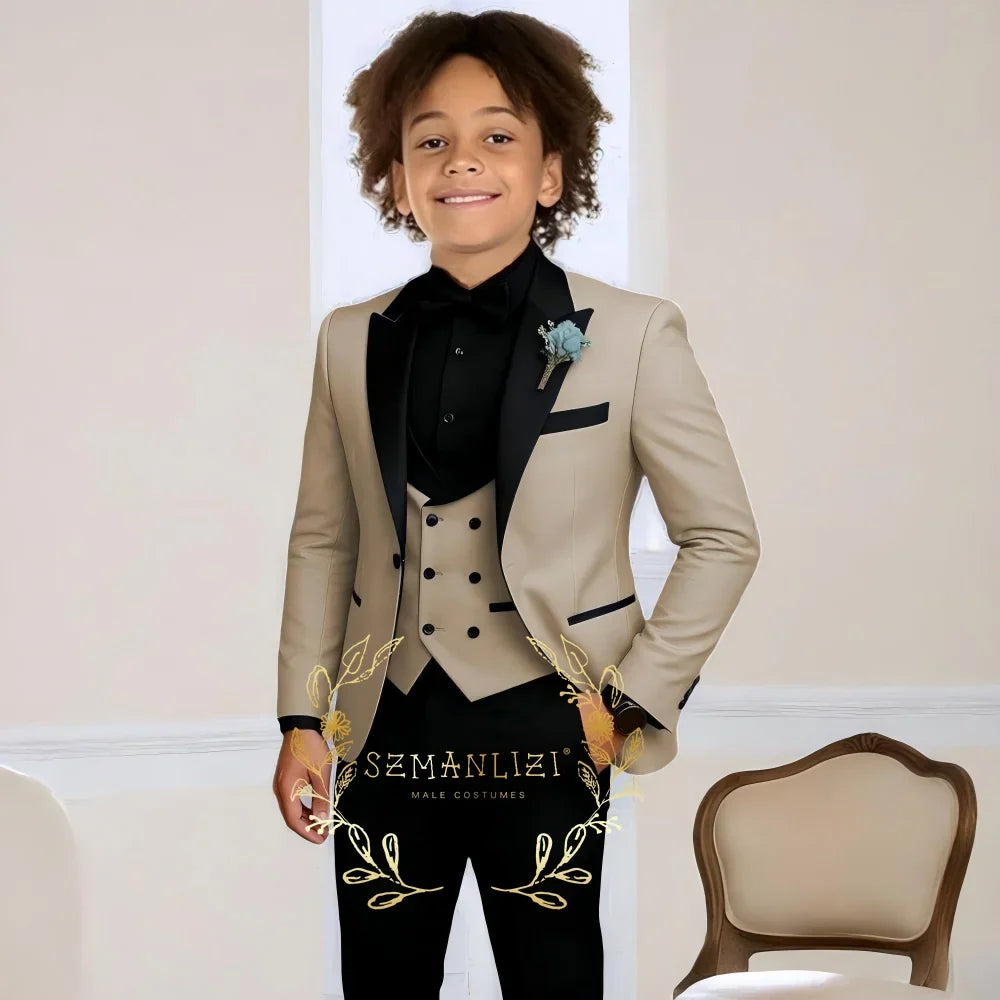Boys Suit Wedding Tuxedo 3 Pieces Peaked Collar Jacket Pants Vest Child Formal Blazer Set Slim Fit Outfit costume garcon mariage