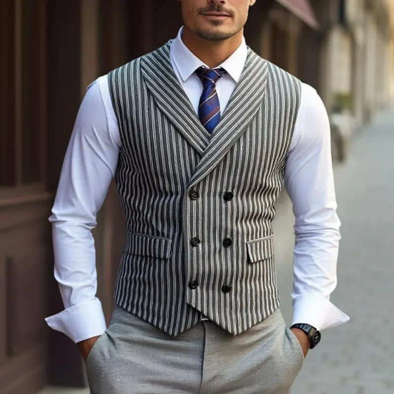 Man Suit Vest Vintage Striped Double-breasted Men Waistcoat British Style Slim Sleeveless Casual Versatile Male Vest