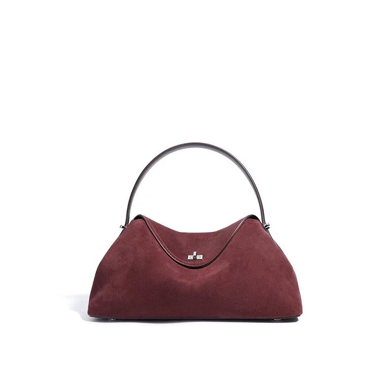 2026 Autumn Winter All-match Bowling Tote All-match Matte Suede Cowhide Leather Women Shoulder Bag Coffee Purple Noble Handbag