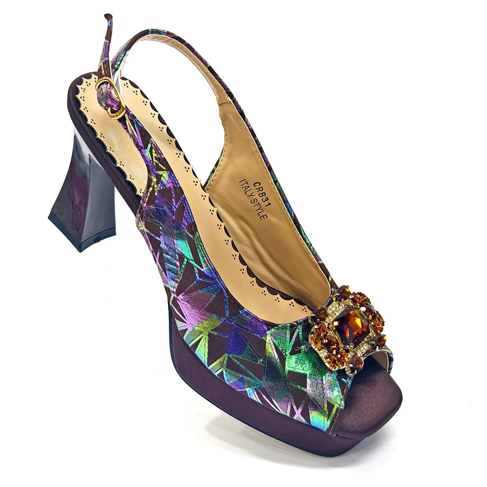2025 Elegant Peep-Toe Heels for Women - Perfect Italian Party Shoes & Bag Set with Sparkling Diamond Accents