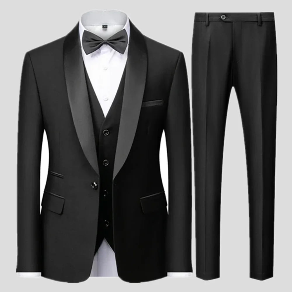 Black Blazer Set Men Autumn Wedding Party 3 Pieces Set Large Size Male Blazer Coat Pants and Vest Black Fashion Slim Fit Suits