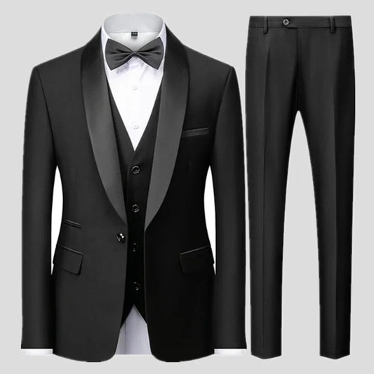 Black Blazer Set Men Autumn Wedding Party 3 Pieces Set Large Size Male Blazer Coat Pants and Vest Black Fashion Slim Fit Suits