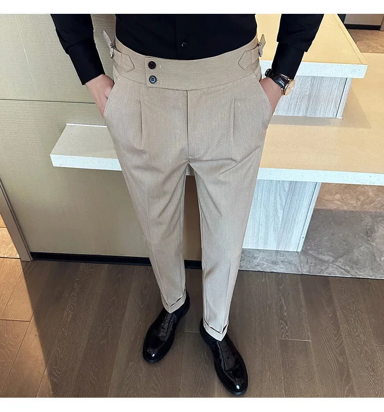 Autumn Winter High Waist Business Dress Pants Men Casual Belt Design Slim Suit Pants Formal Wedding Social Party Male Trousers