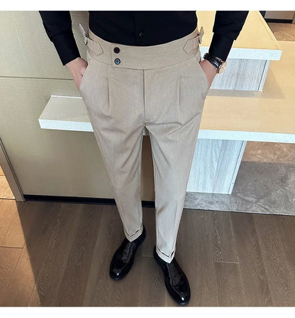 Autumn Winter High Waist Business Dress Pants Men Casual Belt Design Slim Suit Pants Formal Wedding Social Party Male Trousers