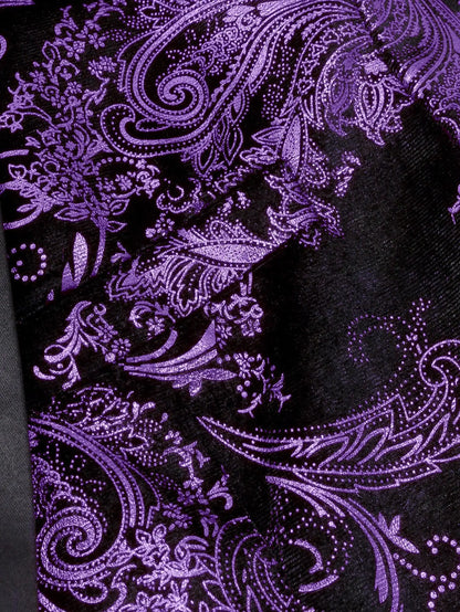 Men's Long-sleeved Suit Jacket, Purple Printed Black Collar Single-button Coat, Wedding/Party/Stage Performance Blazers