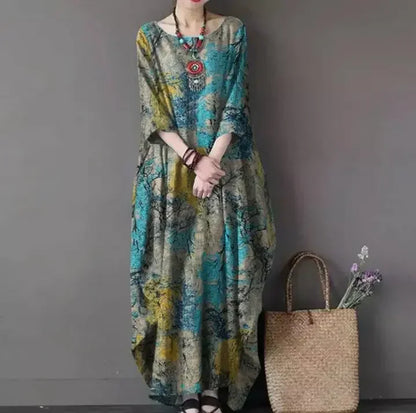 2022 New Loose Printed Cotton Linen Round Neck Long Sleeved Vintage Oversize Dress Women Boho Long Maxi Dress