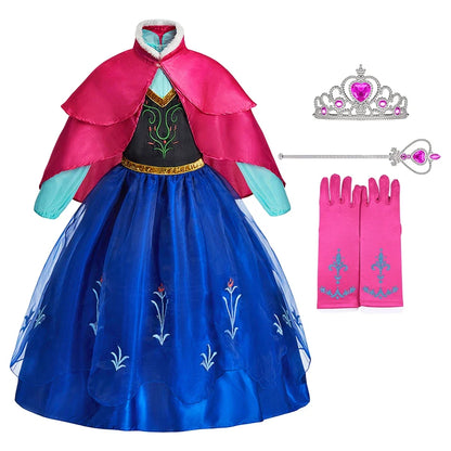 Kids Anna Cosplay Clothing Little Girls Christmas Halloween Gown Kids Party Red Cloak Costume Dance Long Sleeve Princess Dresses