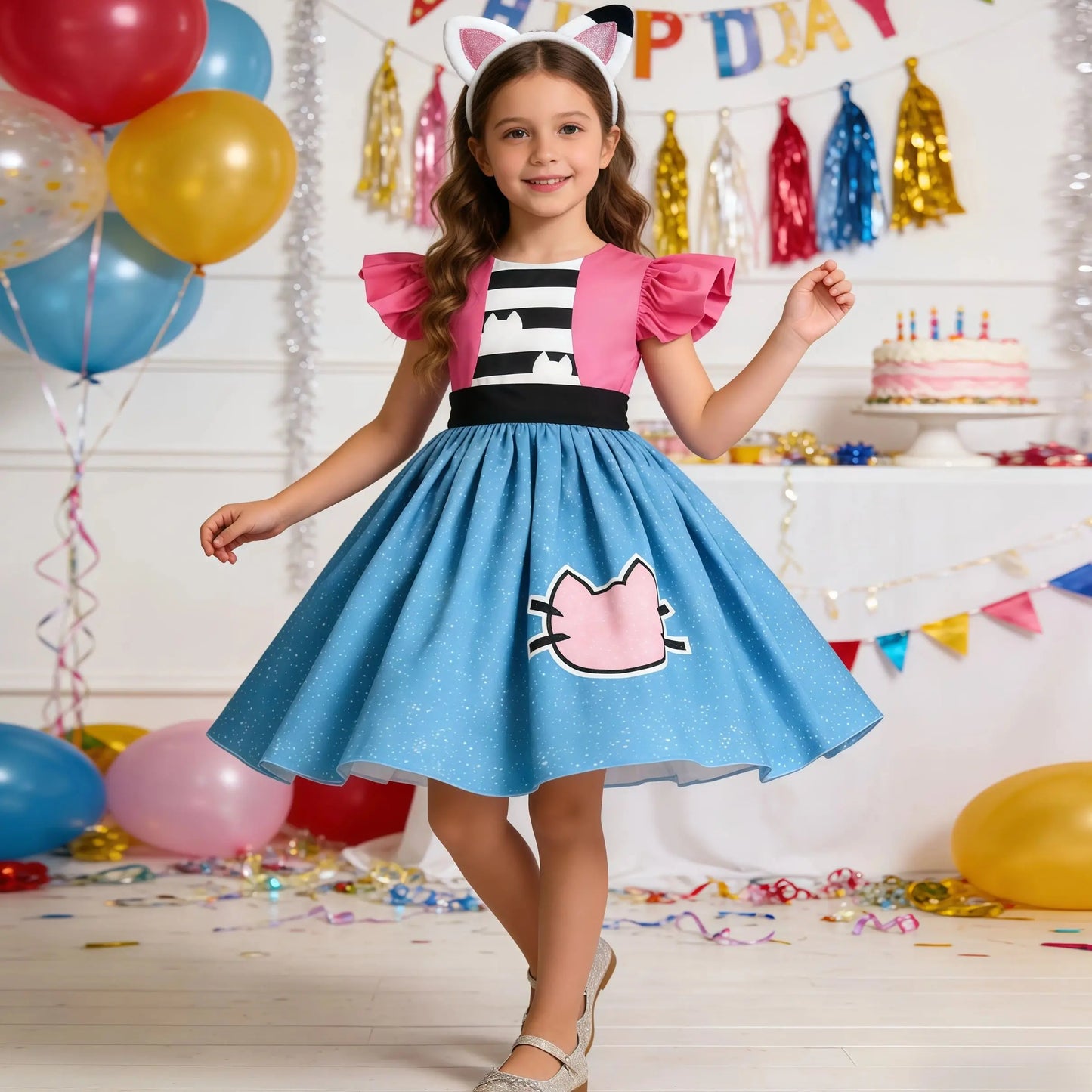 Summer Kids Flying Sleeve Cats Princess Dress With Ears Headwear For Carnival Birthday Party Fancy Girls Striped Vestidos