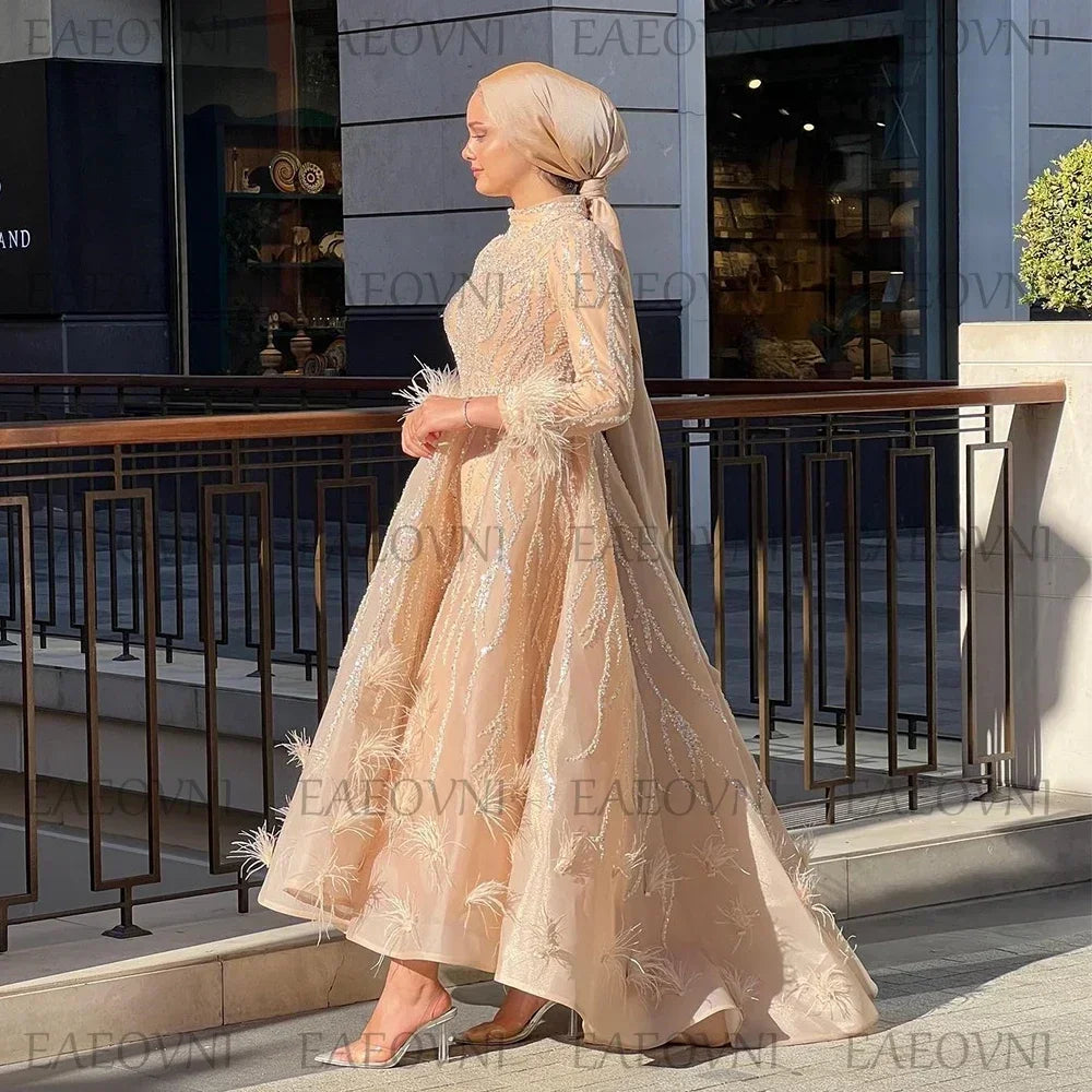Customized Long Sleeve Feathers High Low Prom Gown Temperament Middle Eastern Dress Lace Evening Muslim Clothing Party Dresses
