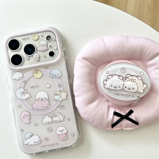 Cute Mamegoma Seal Phone Case For iPhone 17 16 15 Pro Max Plus Clear For MagSafe Shockproof Camera Lens Cover Soft Silicone Pink
