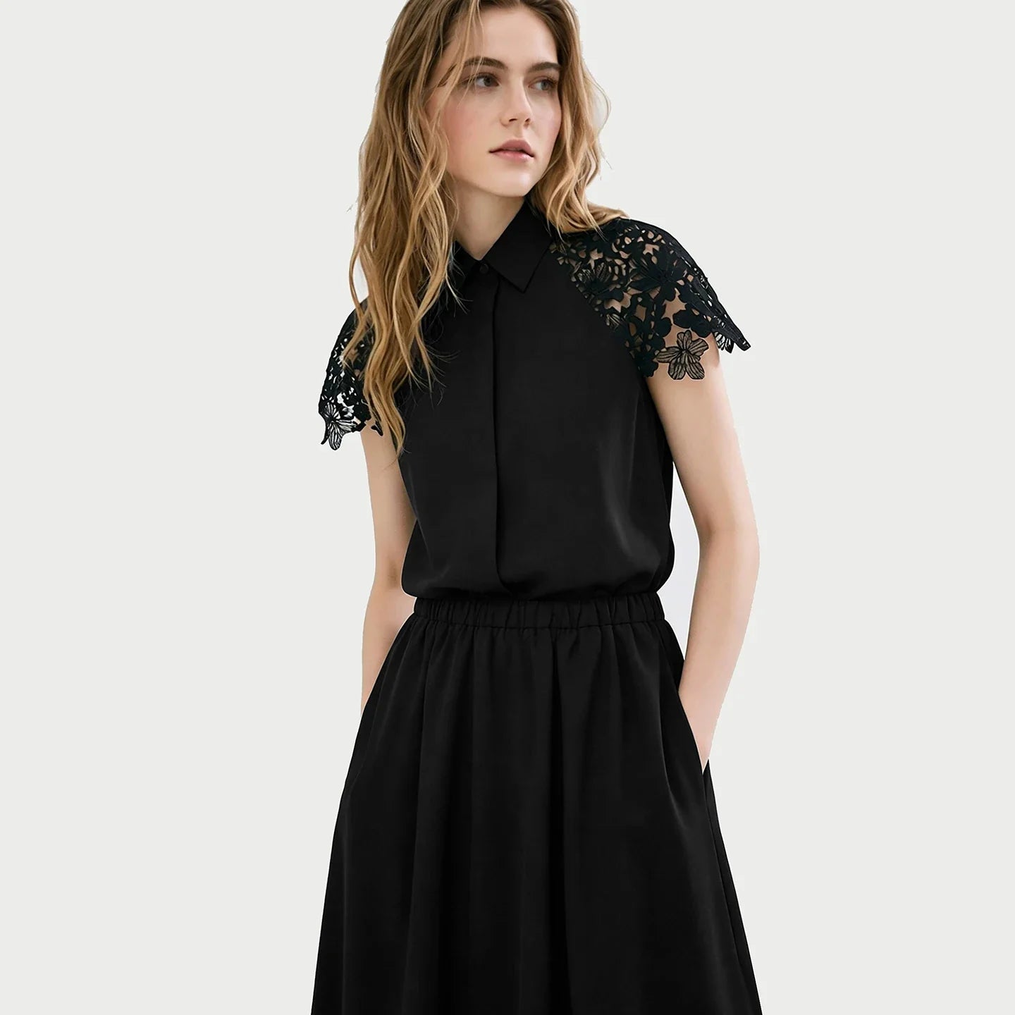 Women Shirt 2026 Summer New Lace Patchwork Lapel Collar Dolman Sleeve Blouse Loose Mid Length Office Cotton Shirt 12642040