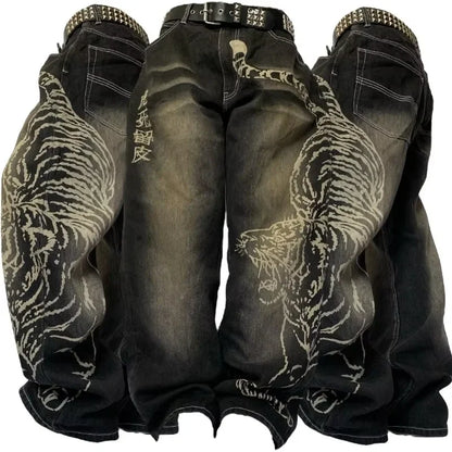 American New Fashion Oversize Pattern Embroidered Baggy Jeans Men Y2K Gothic Harajuku Hip Hop Straight High Waist Wide Leg Pants