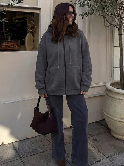 2026 Casual Women's Soild Zipper Hoodie Long Sleeve Big Pocket Zipper Jacket With Hood Female Loose Outerwear Coat Tops