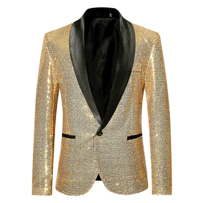 Shiny Gold Men Sequin Glitter Embellished Blazer Jacket, Nightclub Prom Suit Coats Mens Costume Homme Stage Clothes For Singers