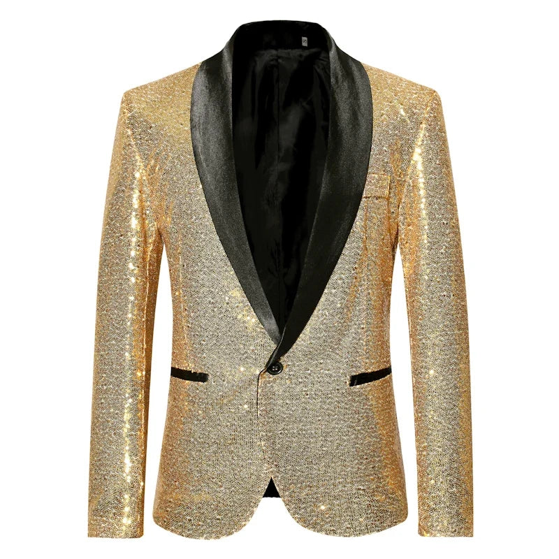 Shiny Gold Men Sequin Glitter Embellished Blazer Jacket, Nightclub Prom Suit Coats Mens Costume Homme Stage Clothes For Singers