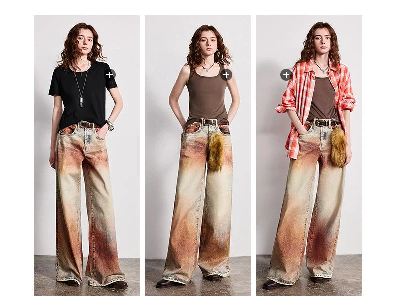 Women Jeans 2026 Spring New Wilderness Wasteland Style Mid Low Waist Loose Printed Wide Leg Pants