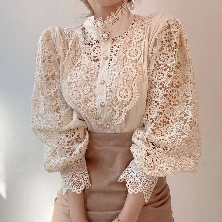 Vintage Solid White Lace Blouse Shirts Women New Korean Button Loose Shirt Tops Female Hollow Casual Ladies Blouses Blusas