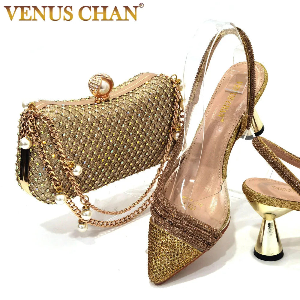 Italian Pointed Toe Wedding Shoes Gold Color Summer Sandal for Women 2023 High Heels Rhinestone Shoe and Bag Set
