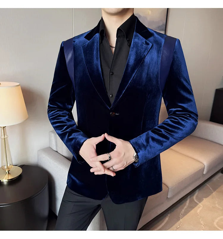 Leather Splicing Mercerized Velvet Suit Jacket 2025 Autumn New Men's High-end Business Slim Fit Fashion Party Tailcoat 4XL-M