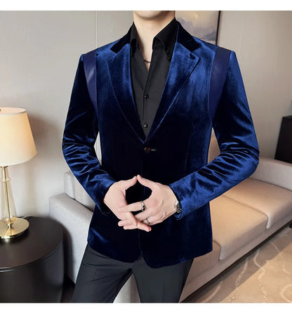 Leather Splicing Mercerized Velvet Suit Jacket 2025 Autumn New Men's High-end Business Slim Fit Fashion Party Tailcoat 4XL-M