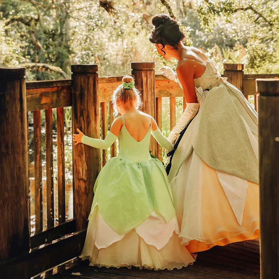 Tiana Cosplay Costume for Girls Fancy Princess Cosplay The Frog Dress Carnival Birthday Party Kids Frock Ball Gowns Clothes