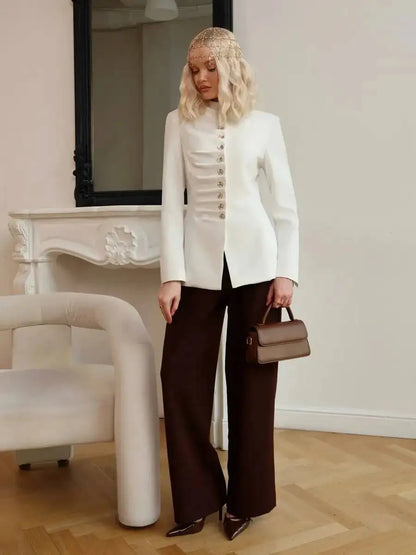 Women 2026 Spring Autumn Mandarin Collar Blazer Ruched Front Multi Row Buttons Long Sleeve Fit Formal Office Outerwear Coat