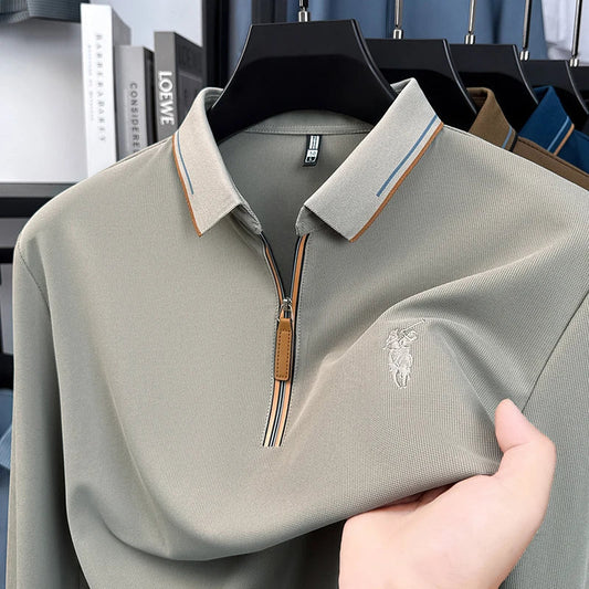 Men's Cotton Long Sleeved T-shirt with Collar Polo Shirt High-end Embroidered Top Autumn Loose Base Shirt