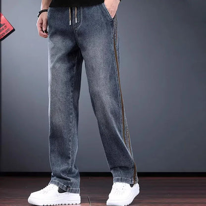 Korean Men'S Jeans Fashion Casual Pants Retro Men'S Straight Leg Pants Side Striped Denim Drawstring Pants